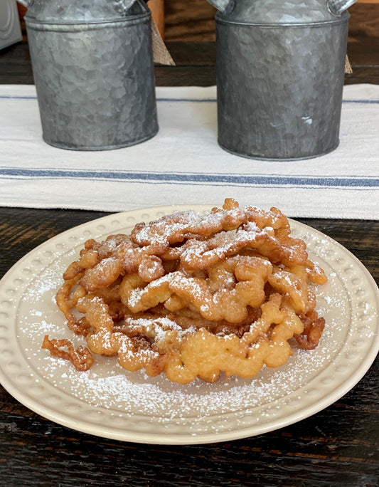 Gluten Free Funnel Cakes made with BooKoo Foods Buttermilk Pancake Mix