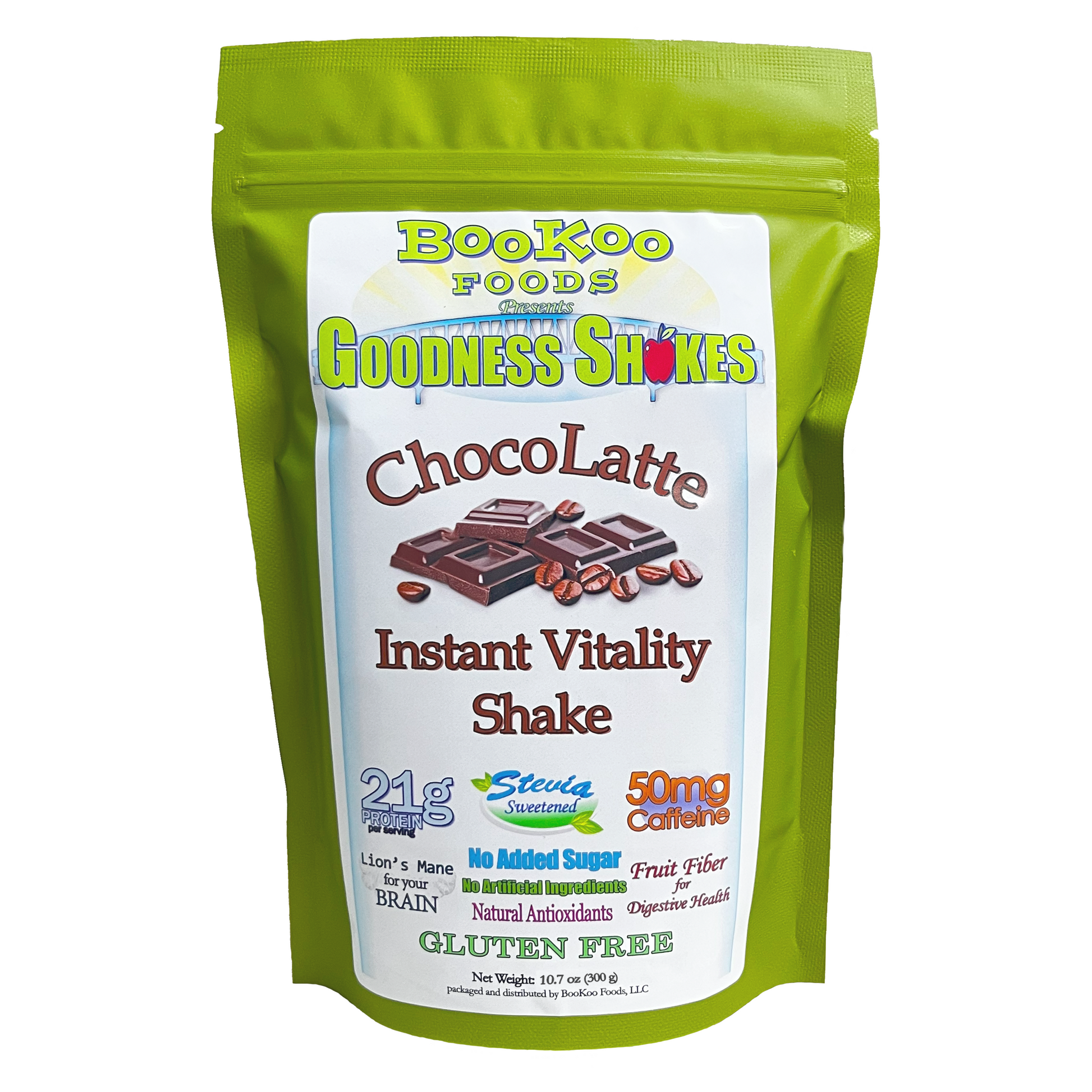 BooKoo Foods Goodness Shakes ChocoLatte Instant Vitality Shake package on a white background