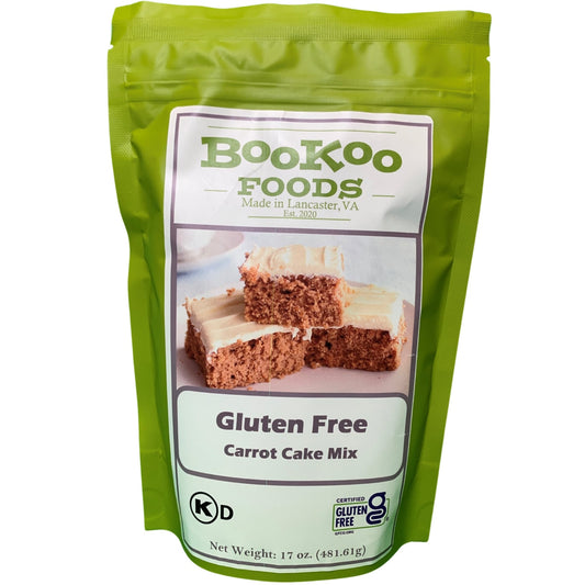 Gluten Free Carrot Cake Mix by BooKoo Foods contains fresh dried carrot pieces. Enjoy this celiac friendly gluten free carrot cake for a warming dessert. Our gf carrot cake mix pairs the perfect ratio of sweet to spice.